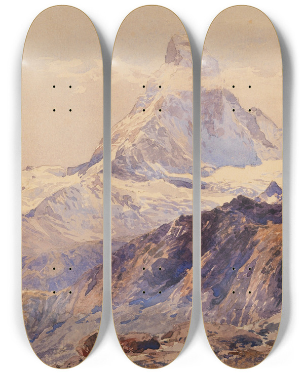 Triptych art skateboard deck of Edward Theodore Compton Das Matterhorn Von Der Triftkumme_1 by Edward Theodore Compton (1849-1921)