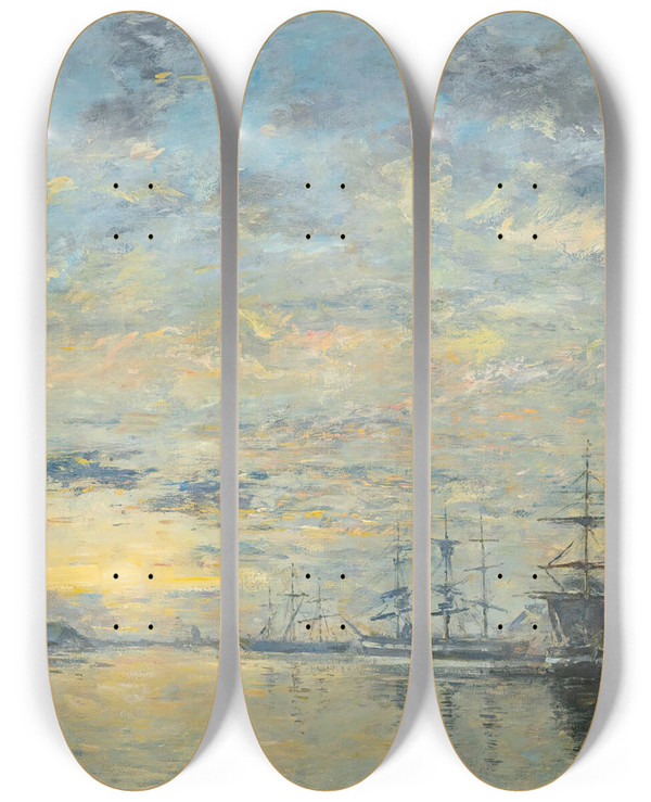 Triptych art skateboard deck of Eugne Boudin Le Havre Bassin De Leure by Eugene Boudin (1824-1898)