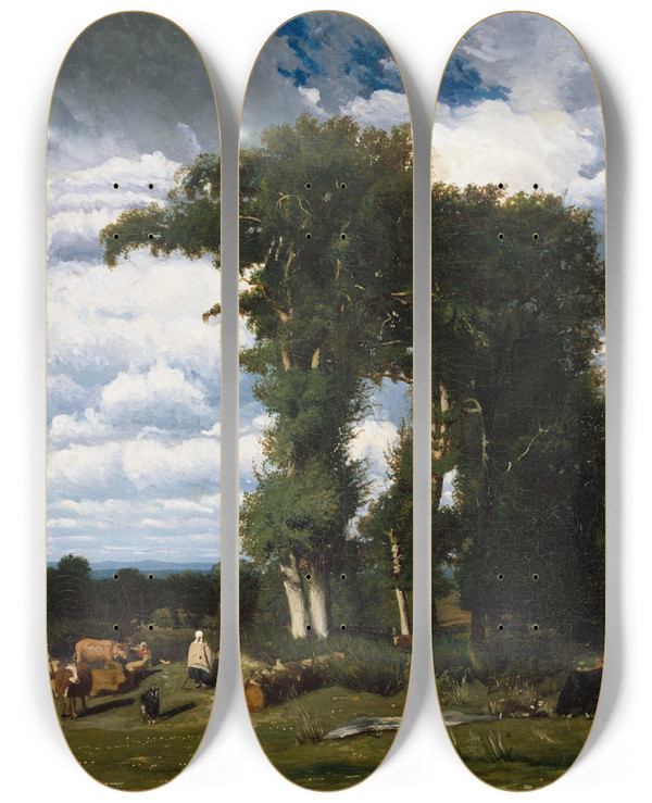 Triptych art skateboard deck of Jules Dupr Landscape With Cattle At Limousin by Jules Dupre (1811-1889)