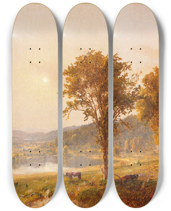 Triptych art skateboard deck of Jasper Francis Cropsey Brimstone And Sugar Loaf Mountains From Warwick by Jasper Francis Cropsey (1823-1900)