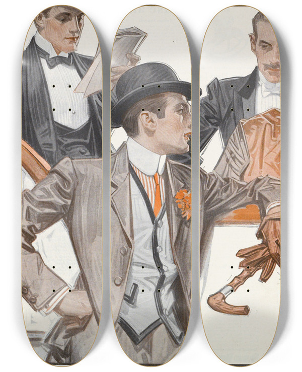 Triptych art skateboard deck of Jc Leyendecker Arrow Collars Cluett Shirts_1 by J.C. Leyendecker (1874-1951)