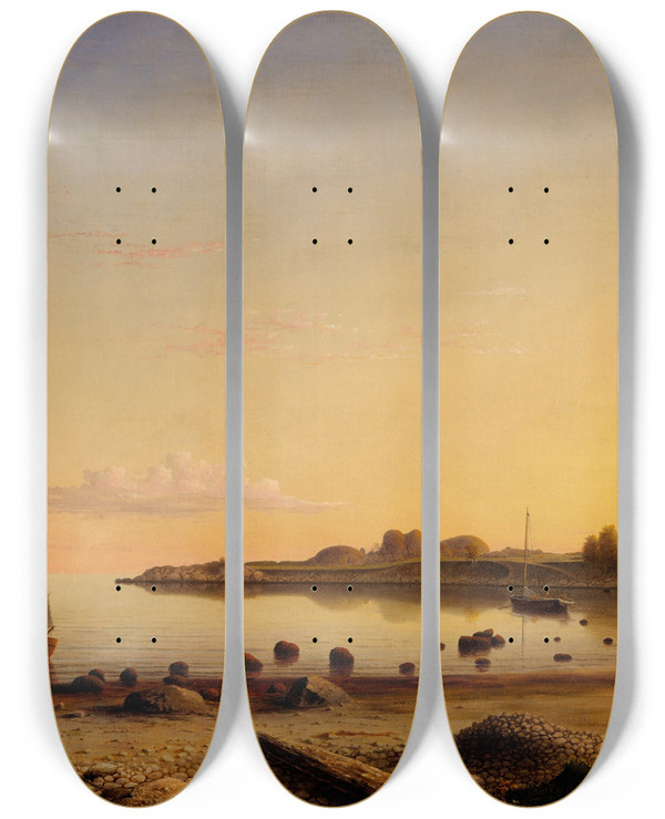 Triptych art skateboard deck of Fitz Henry Lane Stage Fort Across Gloucester Harbor by Fitz Henry Lane (1804-1865)