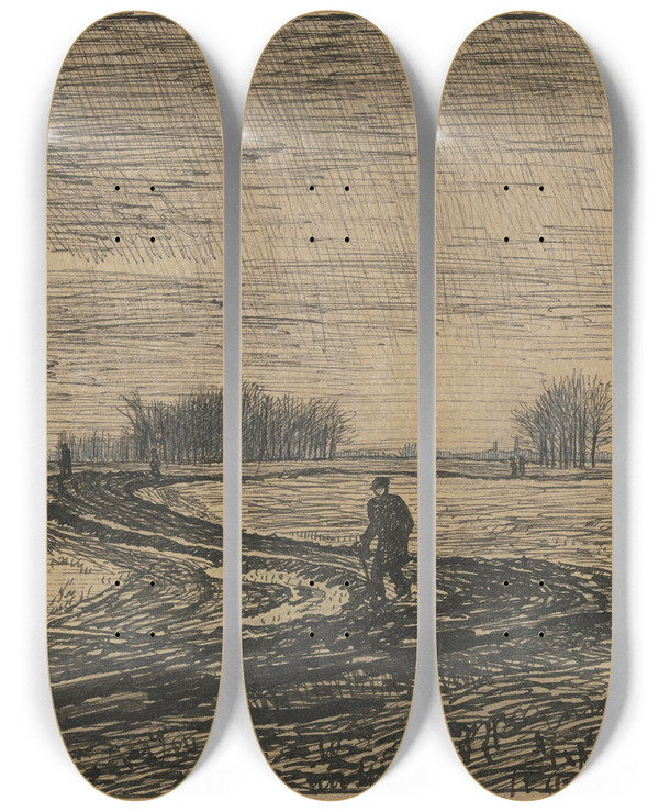 Triptych art skateboard deck of Ferdinand Balzer Country Lane With Wanderer by Ferdinand Balzer (1872-1916)