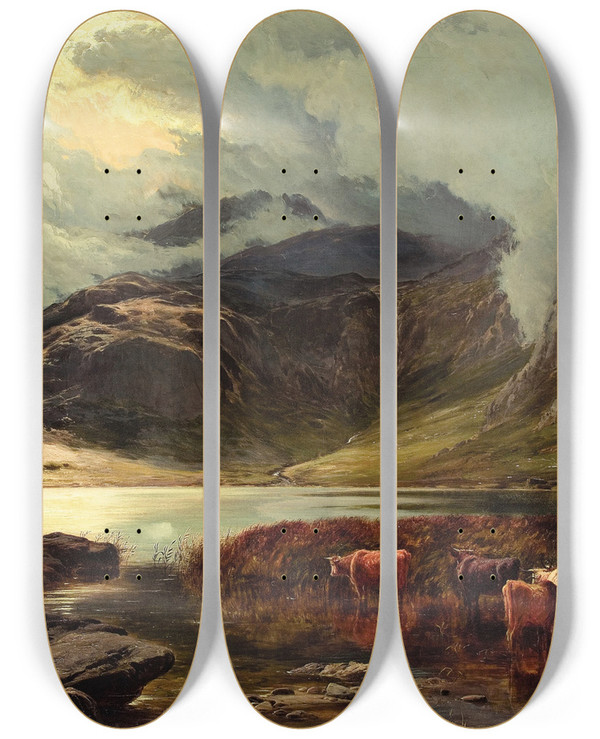 Triptych art skateboard deck of Sidney Richard Percy Stickledale Tarn Westmorland by Sidney Richard Percy (1821-1886)