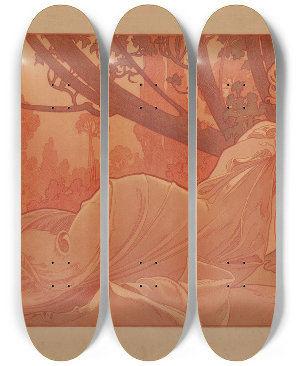 Triptych art skateboard deck of Alphonse Mucha Dawn by Alphonse Mucha (1860-1939)