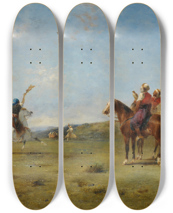 Triptych art skateboard deck of Eugne Fromentin Arabes Chassant Le Faucon by Eugene Fromentin (1820-1876)