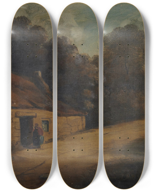 Triptych art skateboard deck of Thomas Barker Of Bath Cottage In Landscape by Thomas Barker Of Bath (1769-1847)