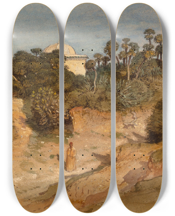 Triptych art skateboard deck of Samuel Colman Path By Mosque by Samuel Colman (1832-1920)