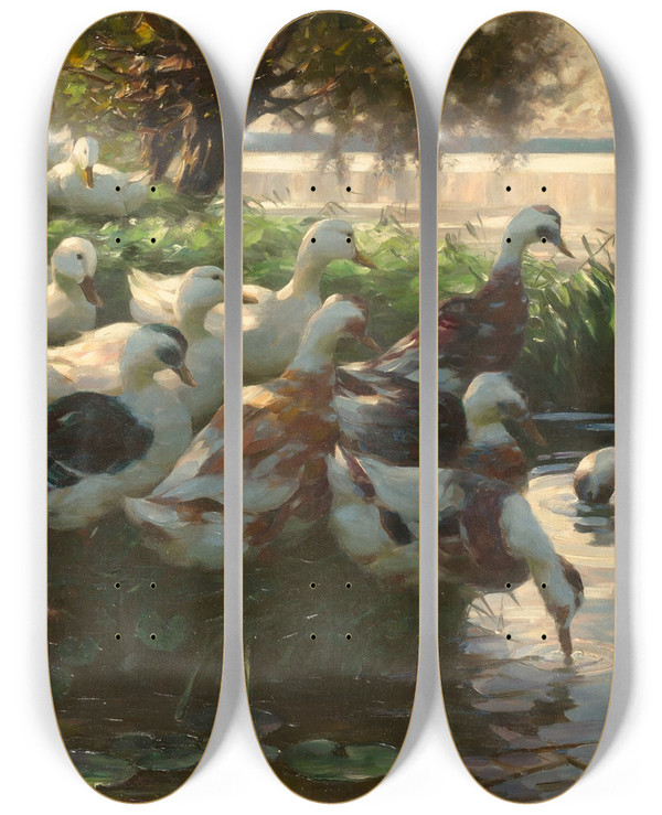 Triptych art skateboard deck of Alexander Koester Enten Am Seeufer_2 by Alexander Koester (1864-1932)
