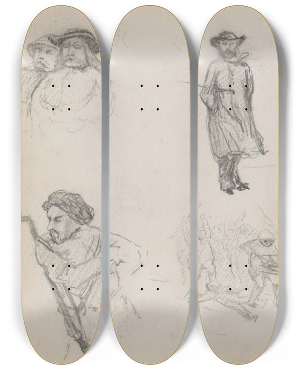 Triptych art skateboard deck of Marius Bauer Studieblad Onder Andere Met Vechtende Troepen by Marius Bauer (1867-1932)