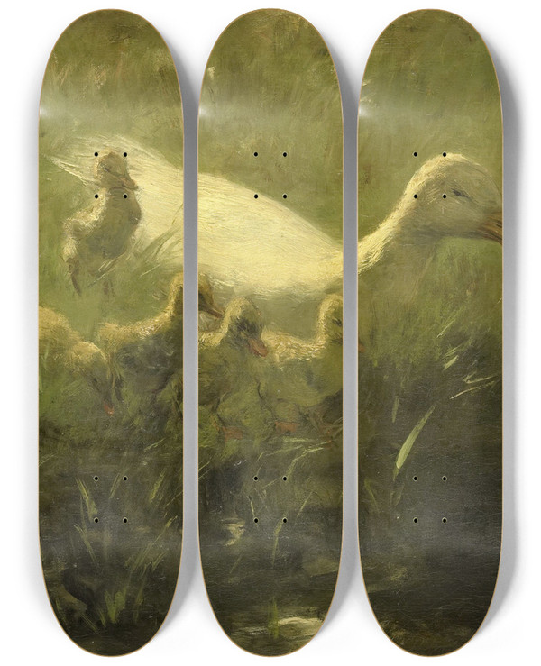 Triptych art skateboard deck of Willem Maris Witte Eend Met Kiekens by Willem Maris (1844-1910)