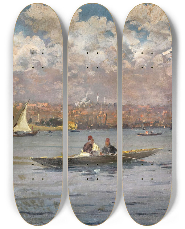 Triptych art skateboard deck of Fausto Zonaro Constantinople From The Bosphorus by Fausto Zonaro (1854-1929)