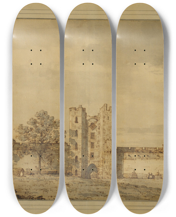 Triptych art skateboard deck of Canaletto Warwick Castle The East Front From The Courtyard by Canaletto (1697-1768)