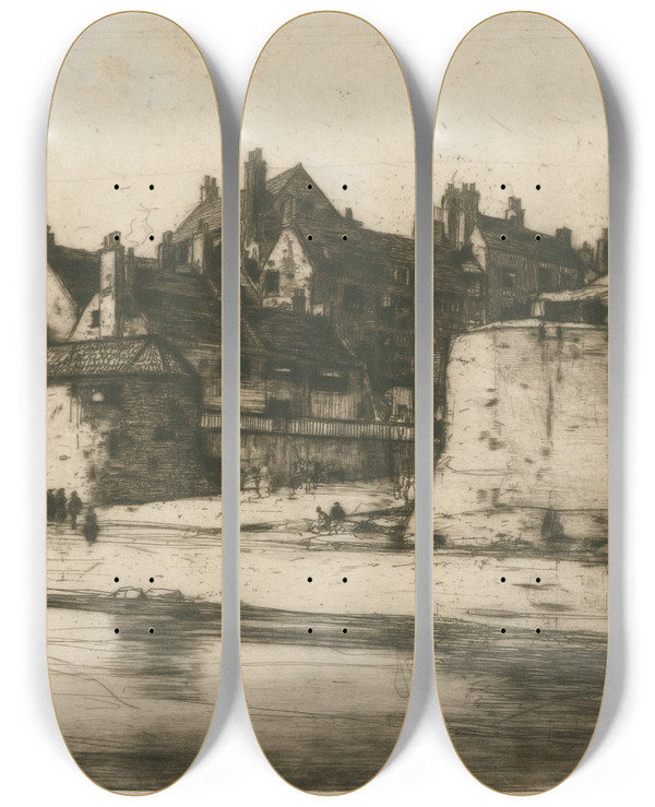 Triptych art skateboard deck of David Young Cameron Robin Hoods Bay by David Young Cameron (1865-1945)
