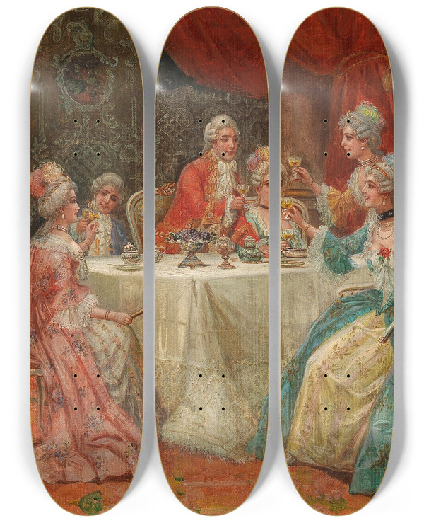 Triptych art skateboard deck of Stephan Sedlacek A Merry Company by Stephan Sedlacek (1868-1936)