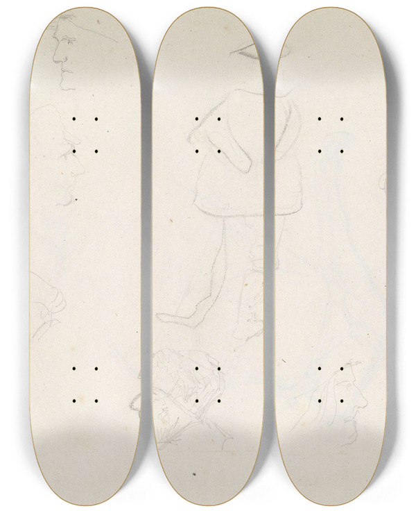 Triptych art skateboard deck of Adolph Tidemand Figure Studies_1 by Adolph Tidemand (1814-1876)
