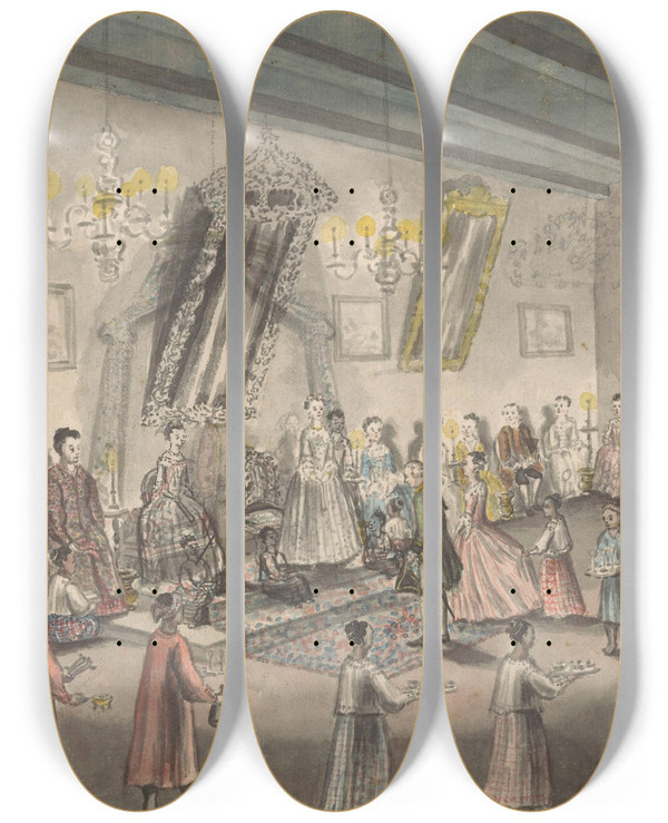 Triptych art skateboard deck of Jan Brandes Hollands Bruidsfeest Te Batavia by Jan Brandes (1743-1808)