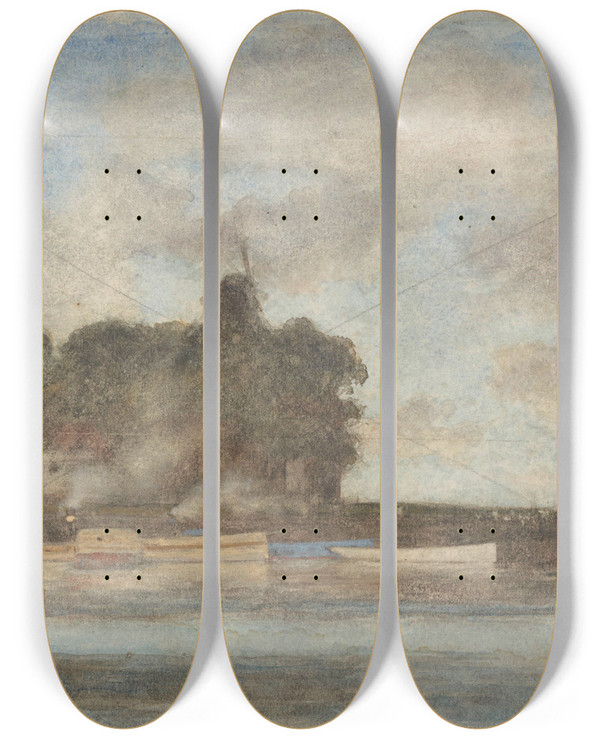 Triptych art skateboard deck of Anton L Koster Landschap Met Molens Bij Water by Anton L Koster (1859-1937)