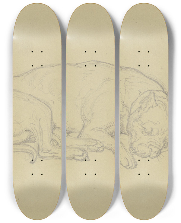 Triptych art skateboard deck of Ferdinand Fellner Sleeping Dog by Ferdinand Fellner (1799-1859)