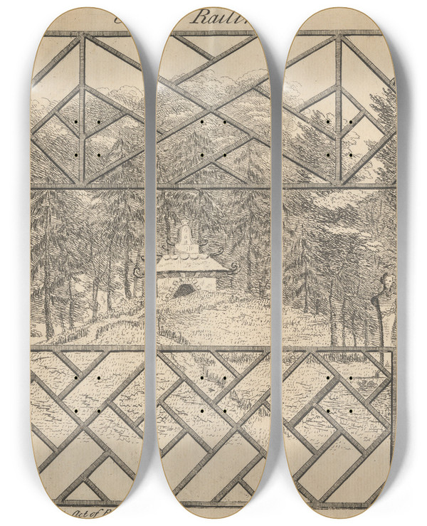 Triptych art skateboard deck of George Bickham The Elder China Railing by George Bickham The Elder (1684-1758)