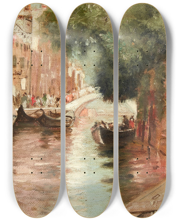 Triptych art skateboard deck of Francis Hopkinson Smith Canal Scene by Francis Hopkinson Smith (1838-1915)