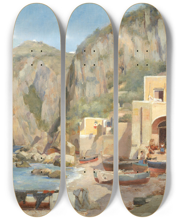 Triptych art skateboard deck of Augustus Tulk The Beach At Capri by Augustus Tulk