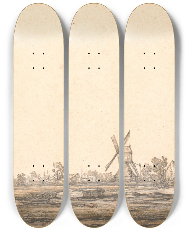 Triptych art skateboard deck of Aelbert Cuyp Landskab Med En Mlle by Aelbert Cuyp (1620-1691)