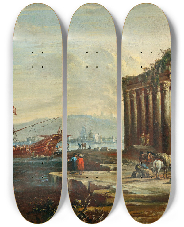 Triptych art skateboard deck of Johann Anton Eismann A Mediterranean Harbor With Ruins And Figures by Johann Anton Eismann (1604-1698)