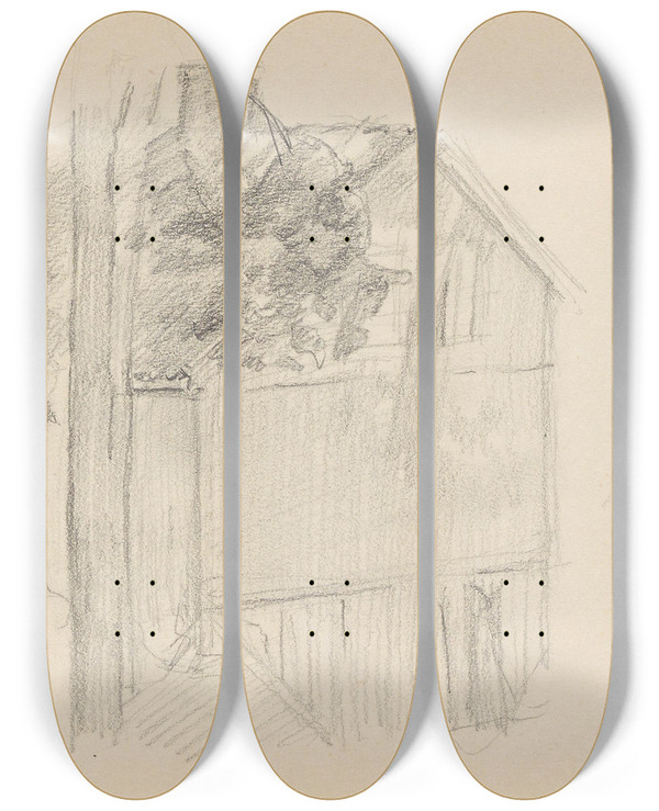 Triptych art skateboard deck of Signe Scheel Hus Bak Et Tre by Signe Scheel (1860-1942)