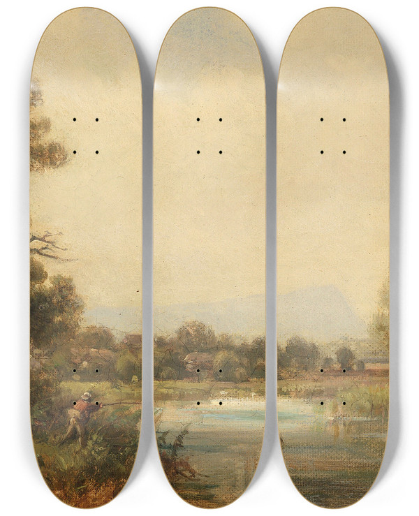 Triptych art skateboard deck of Ludwig Sckell Kleine Flulandschaft by Ludwig Sckell (1833-1912)