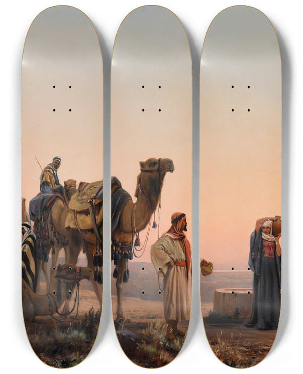 Triptych art skateboard deck of Auguste Veillon Halt In The Desert by Auguste Veillon (1834-1890)