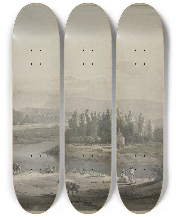 Triptych art skateboard deck of Jeanjacques De Boissieu River Landscape by Jean-Jacques de Boissieu (1736-1810)