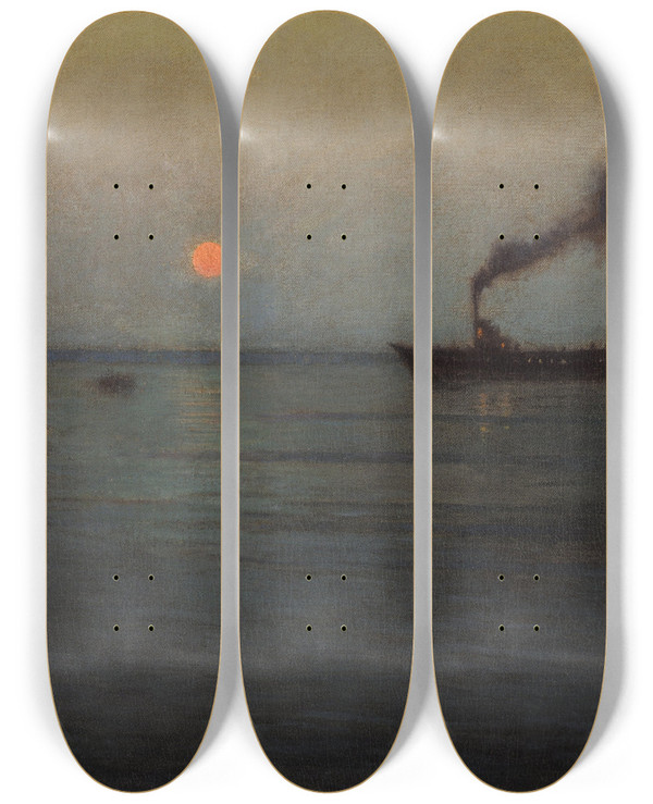 Triptych art skateboard deck of Birge Harrison Rosy Moon Off Charleston Harbor by Birge Harrison (1854-1929)