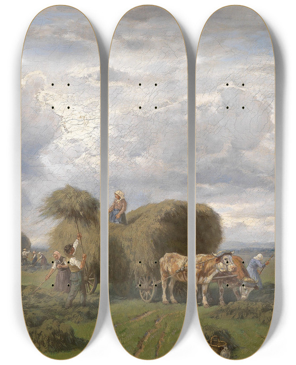 Triptych art skateboard deck of Dsir Thomassin Bei Der Heuernte by Desire Thomassin (1858-1933)