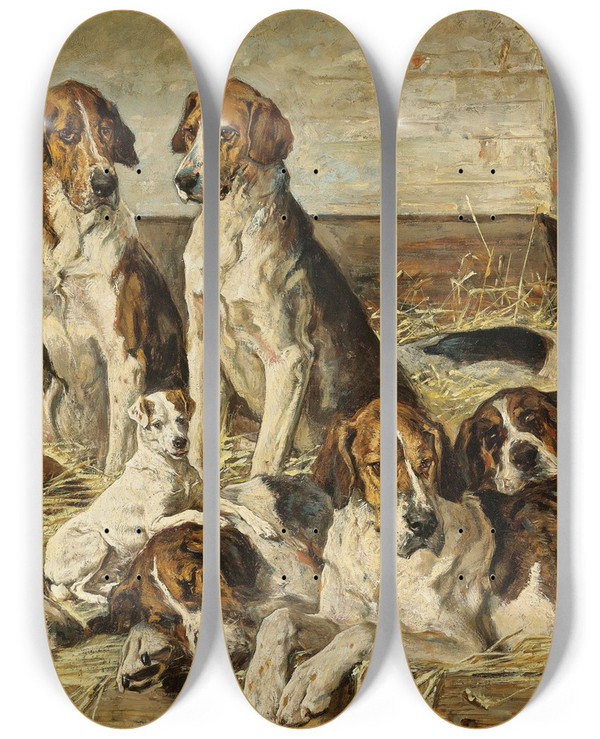 Triptych art skateboard deck of John Emms Hounds At Rest by John Emms (1843-1912)