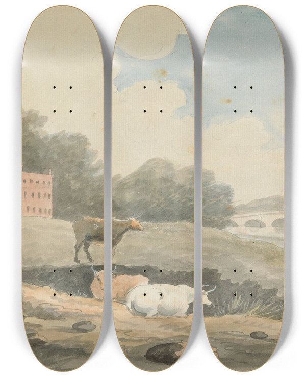 Triptych art skateboard deck of Edward Francis Burney Pastural by Edward Francis Burney (1760-1848)