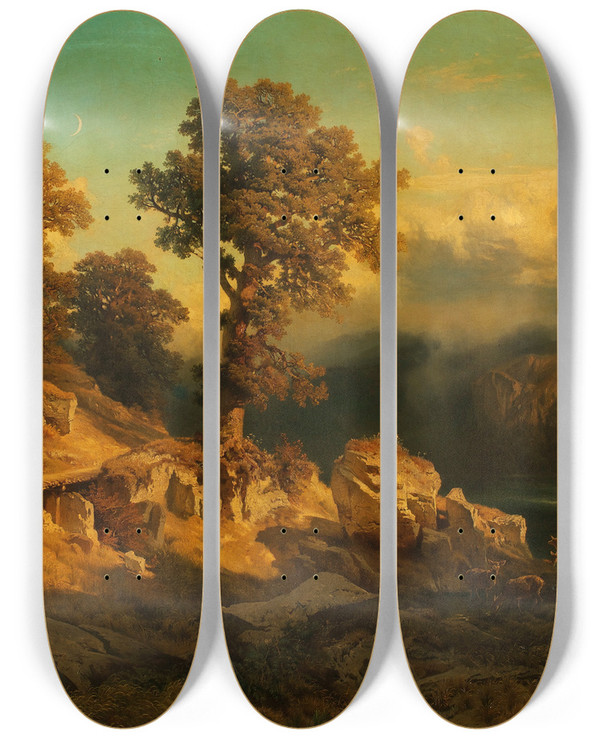 Triptych art skateboard deck of August Schaeffer Von Wienwald Herbstlandschaft by August Schaeffer Von Wienwald (1833-1916)