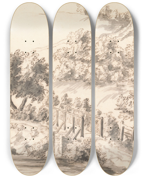 Triptych art skateboard deck of Peter Tillemans Poston Bridge Herefordshire by Peter Tillemans (1684-1734)