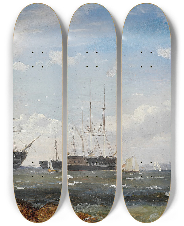 Triptych art skateboard deck of Carl Frederik Srensen Svenske Orlogsskibe Ud For Gteborg by Carl Frederik Sorensen (1818-1879)