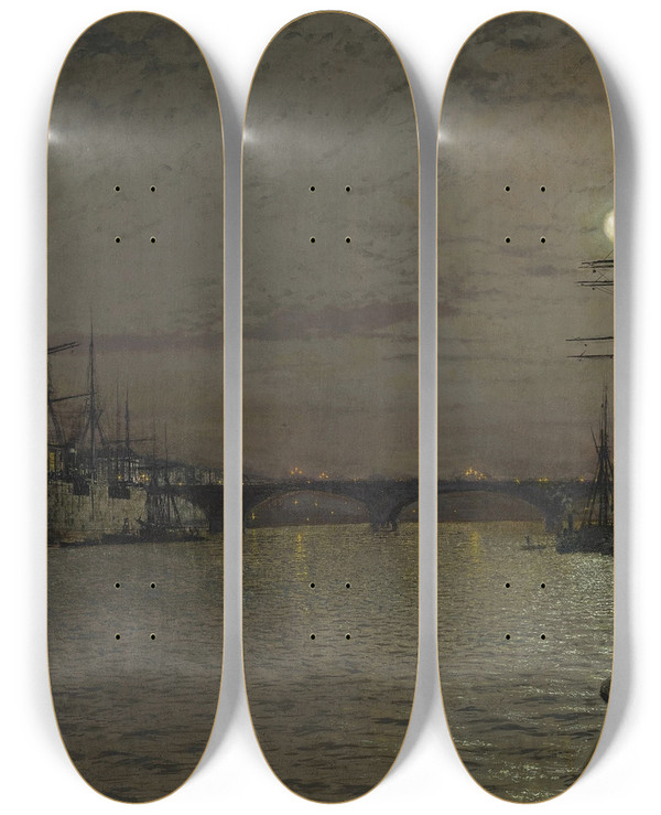 Triptych art skateboard deck of John Atkinson Grimshaw The Pool And London Bridge At Night by John Atkinson Grimshaw (1836-1893)