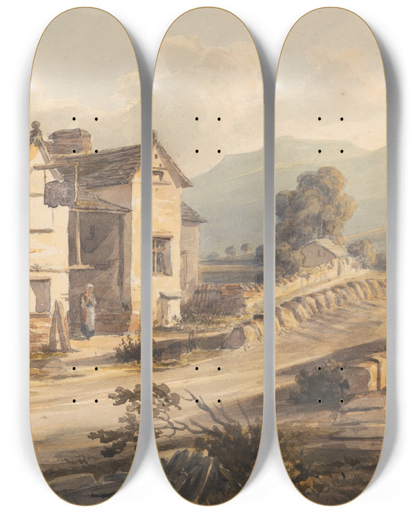 Triptych art skateboard deck of George Samuel Cottages In Westmoreland by George Samuel (1823)