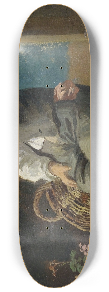 Hans Thoma - A young boy on a bench with flower pots and a wicker basket 8.25 inch art skate deck