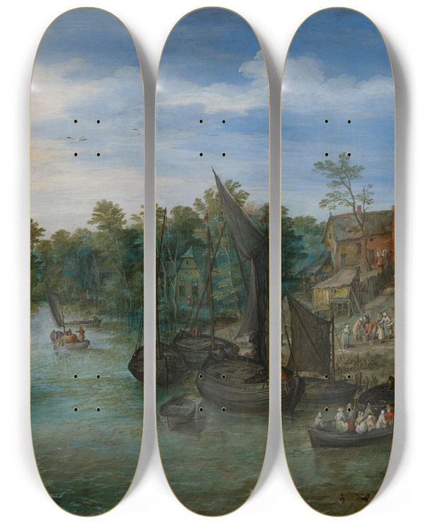 Triptych art skateboard deck of Jan Brueghel The Elder River Landscape_1 by Jan Brueghel The Elder (1568-1625)