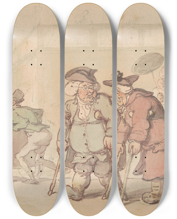 Triptych art skateboard deck of Thomas Rowlandson Scene At Bath by Thomas Rowlandson (1756-1827)