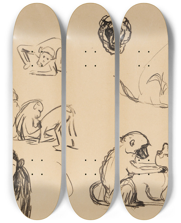 Triptych art skateboard deck of Edvard Munch Affen I Und Ii by Edvard Munch (1863-1944)