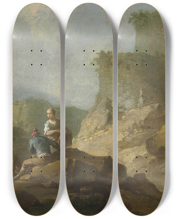 Triptych art skateboard deck of Franz De Paula Ferg Landscape With Travellers And Ruins by Franz de Paula Ferg (1689-1740)