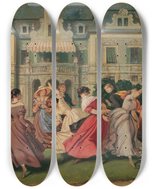 Triptych art skateboard deck of Moritz Von Schwind Gesellschaftsspiel by Moritz Von Schwind (1804-1871)