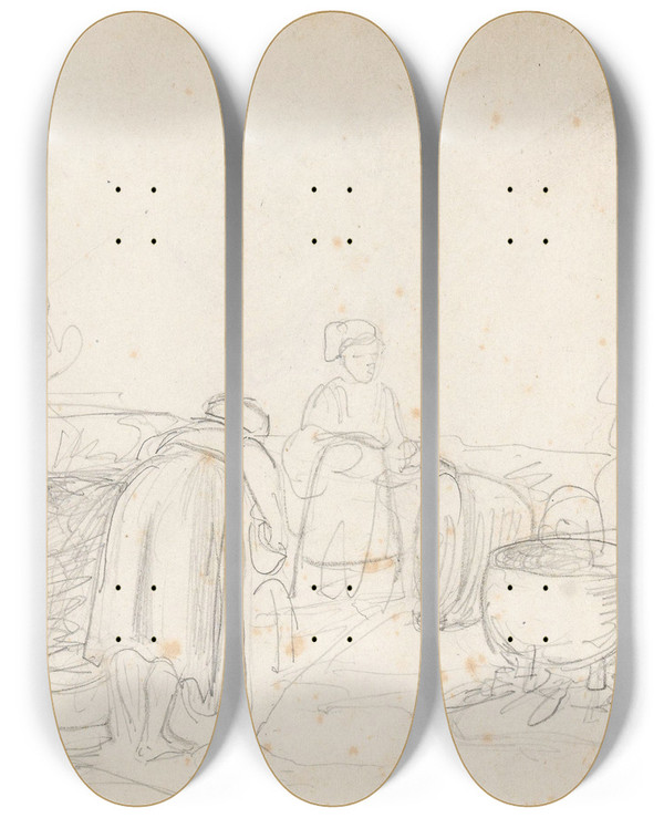 Triptych art skateboard deck of Adolph Tidemand Klesvask I Elven by Adolph Tidemand (1814-1876)
