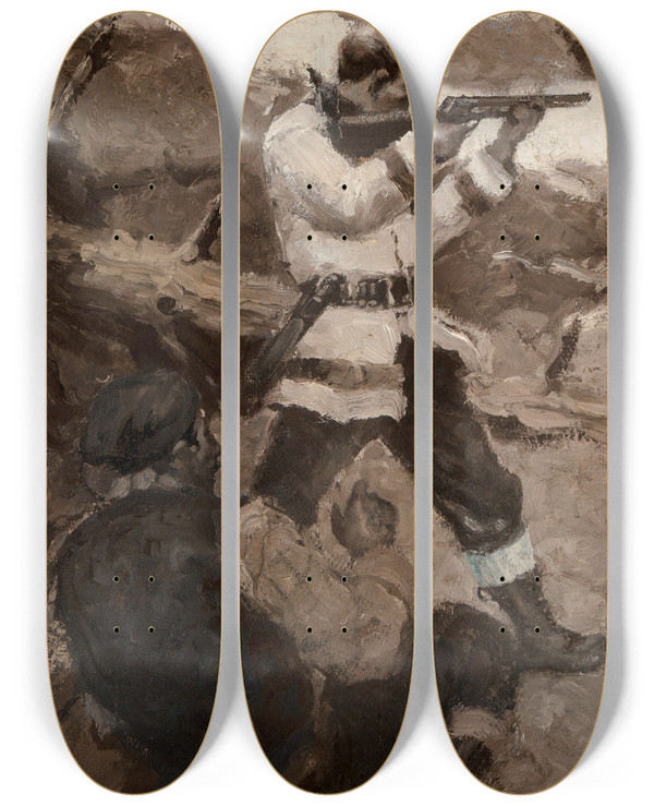Triptych art skateboard deck of Benton Henderson Clark Bear Hunters by Benton Henderson Clark (1895-1964)
