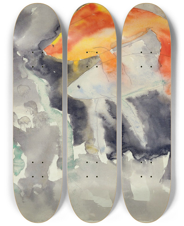Triptych art skateboard deck of Charles Demuth Fish Series No 5 by Charles Demuth (1883-1935)
